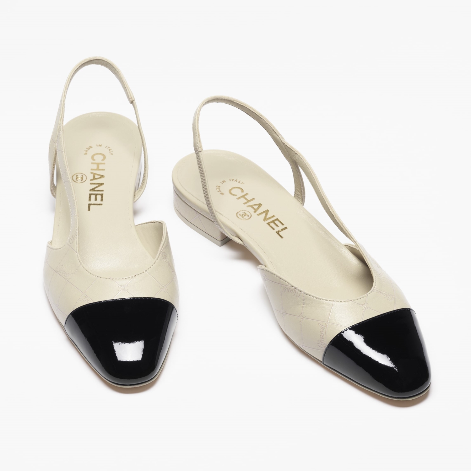 SLINGBACKS, IVORY AND BLACK